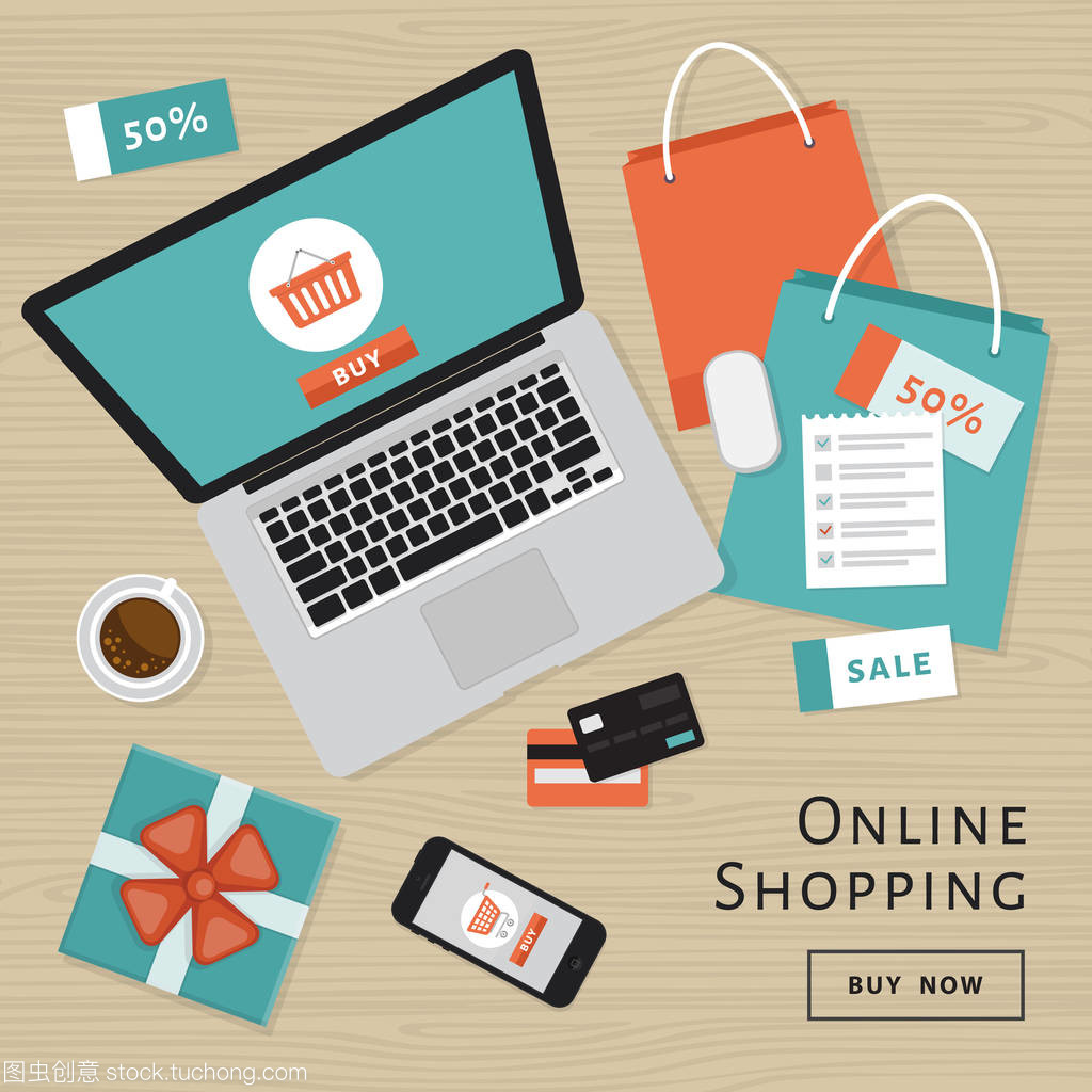 網上購物的概念。在線商店對象和橫幅。表與筆記本電腦, 購物袋, 信用卡, 禮品和優惠券。平面樣式, 矢量插圖